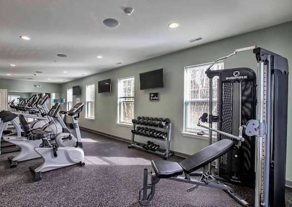 A gym with a variety of equipment including treadmills, weights, and a bench press.