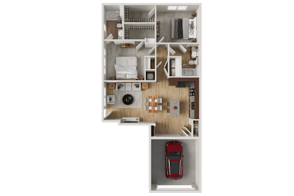 Two bedroom two bath 2D floorplan with walk-in closet at Woodlands at Abington Station Apartments, Abington, null 2351