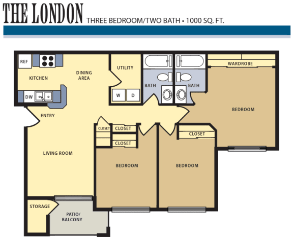Floor Plan  Bridgeside Landing Apartments,  Taylorsville, Utah, floor plan for three bedroom, two bathroom apartment, approx. 1600 square feet.