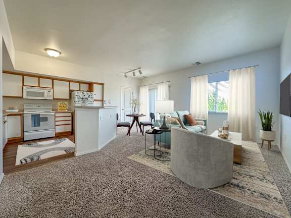 Open concept apartment with kitchen and living area at Liberty Hill Apartments, Draper, 84020