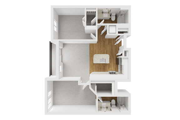 3D floor plan with two bedrooms and two bathrooms at Liberty Blvd Apartments, Salt Lake City, 84102