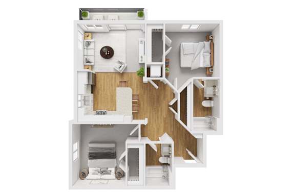 Floor Plan  Two bedroom two bathroom 3D floorplan with balcony at Liberty Blvd Apartments, Salt Lake City