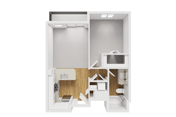3D floor plan one bedroom layout with modern finishes at Liberty Blvd Apartments, Salt Lake City, Utah