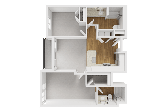 Two bedroom apartment 3D layout overview at Liberty Blvd Apartments, Salt Lake City
