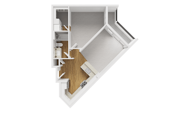 3D floor plan studio apartment with bedroom alcove at Liberty Blvd Apartments, Salt Lake City, UT 84102