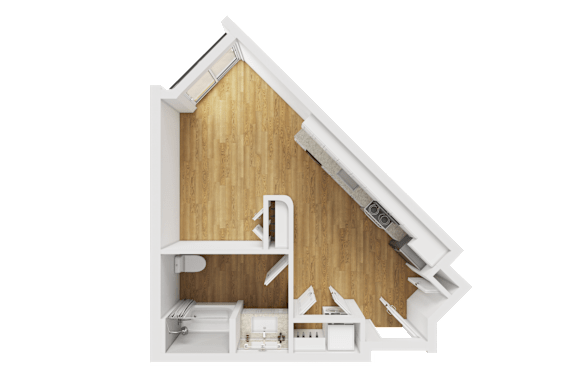 Studio apartment 3D floor plan with open layout at Liberty Blvd Apartments, Utah, 84102