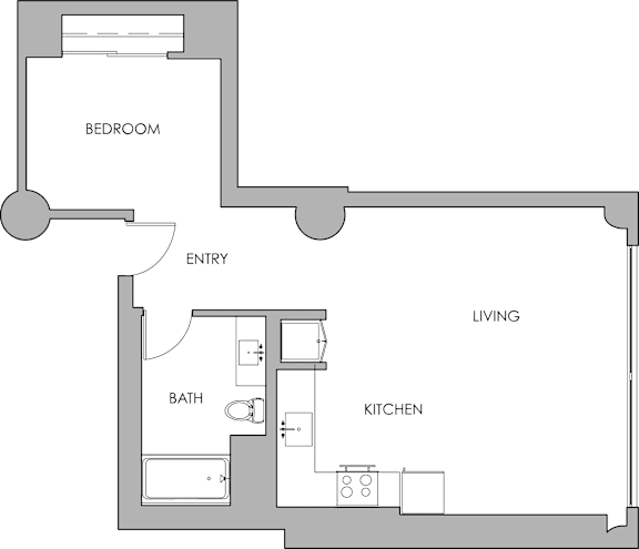 a floor plan of a small house with a pool and a kitchen