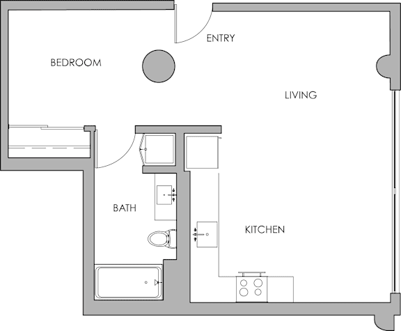 a floor plan of a bedroom with a bathroom and a living room