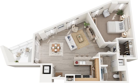 A top-down view of a modern apartment layout.