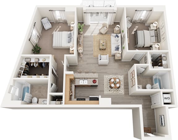 A top-down view of a modern, white-walled, multi-level apartment with a living room, kitchen, dining area, and bedrooms.