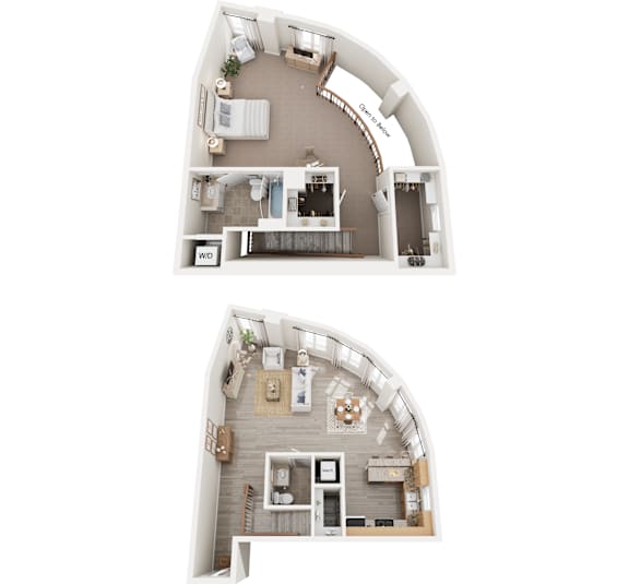 A floor plan of a curved building with two levels.