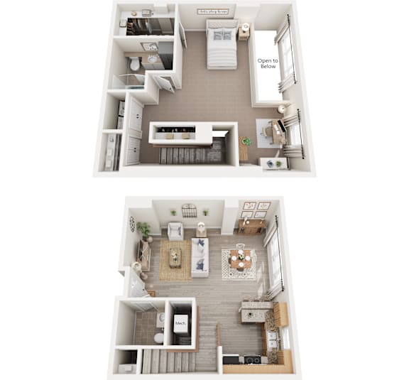 A floor plan of a small apartment with two bedrooms and a living area.