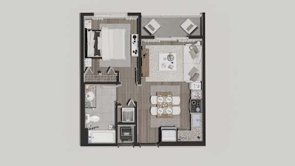 A floor plan of a house with a kitchen, living room, and two bedrooms.