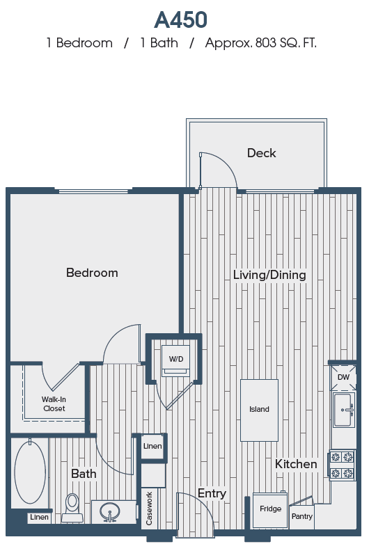 A floor plan of a one bedroom apartment with one bath and an approximate size of 803 square feet.