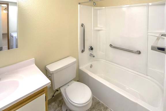 A white toilet sits next to a sink in a bathroom.