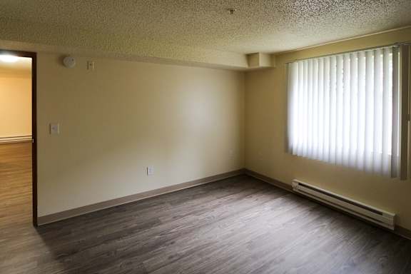 A room with a window and a radiator on the floor.