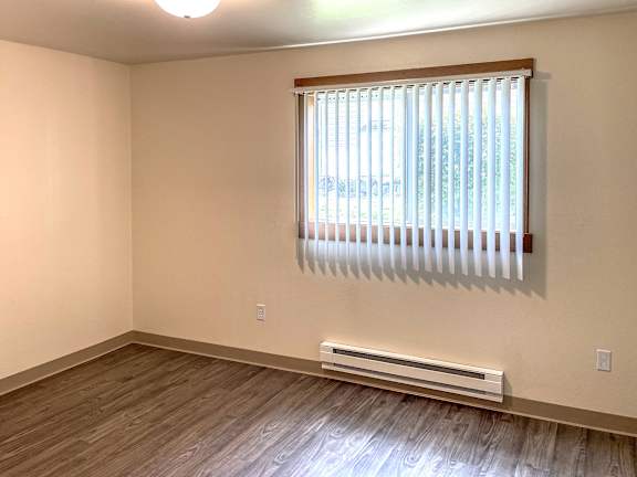 A room with a window and a radiator on the floor.