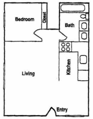 A black and white drawing of a floor plan for a one-bedroom apartment.