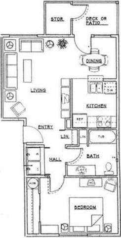 Floorplan of a one-bedroom apartment with a living area, dining area, kitchen, bathroom, and bedroom.