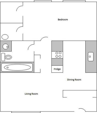 A floor plan of a one-bedroom apartment with a living room, dining room, and bedroom.