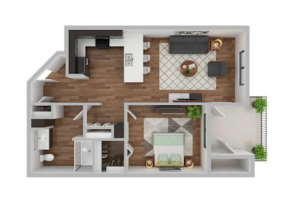 A 3D floor plan of a house with a kitchen, living room, and bathroom.
