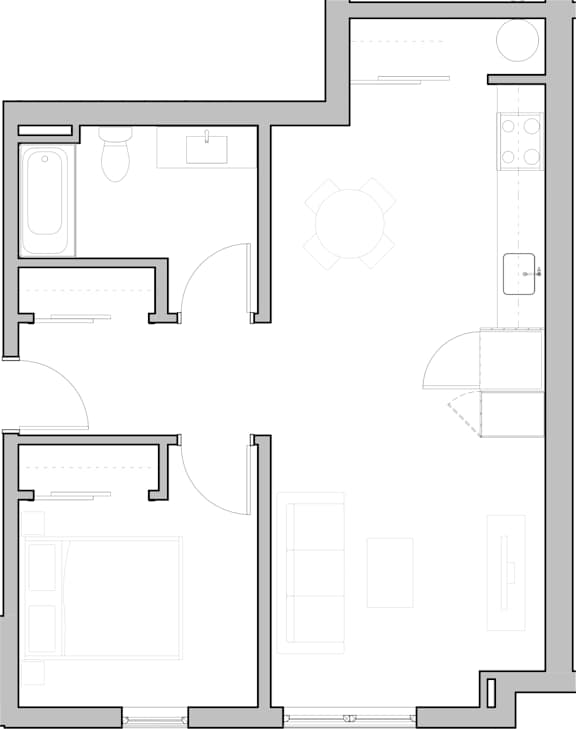 A floor plan of a house with a kitchen, living room, and bathroom.