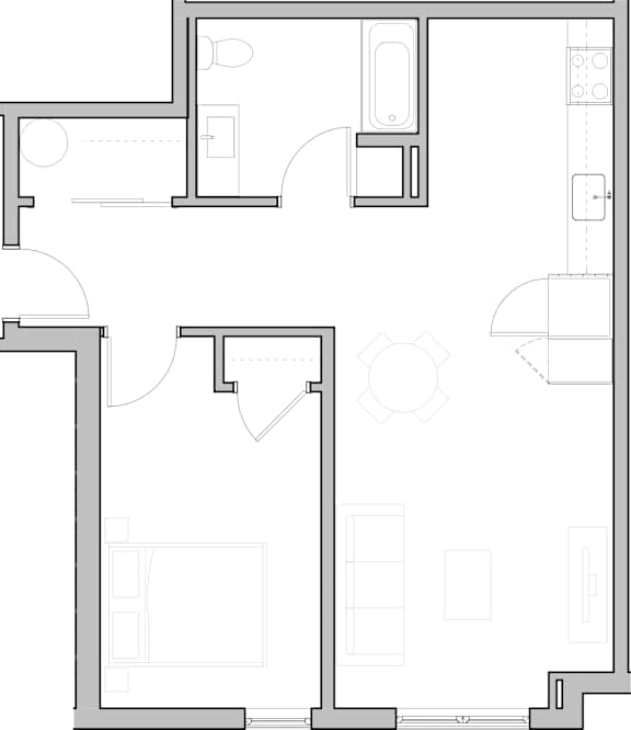 A black and white image of a floor plan with various rooms and spaces.