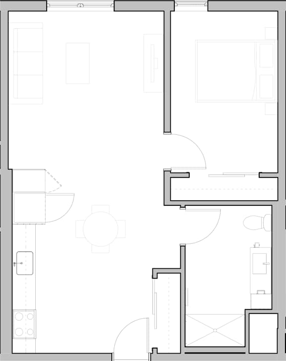 A floor plan of a house with a kitchen, living room, and two bedrooms.