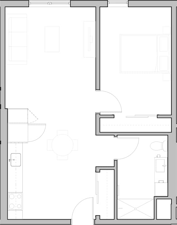 A floor plan of a house with a kitchen, living room, and bathroom.