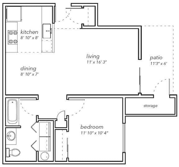 A floor plan of a small apartment with a kitchen, dining area, bedroom, and storage space.