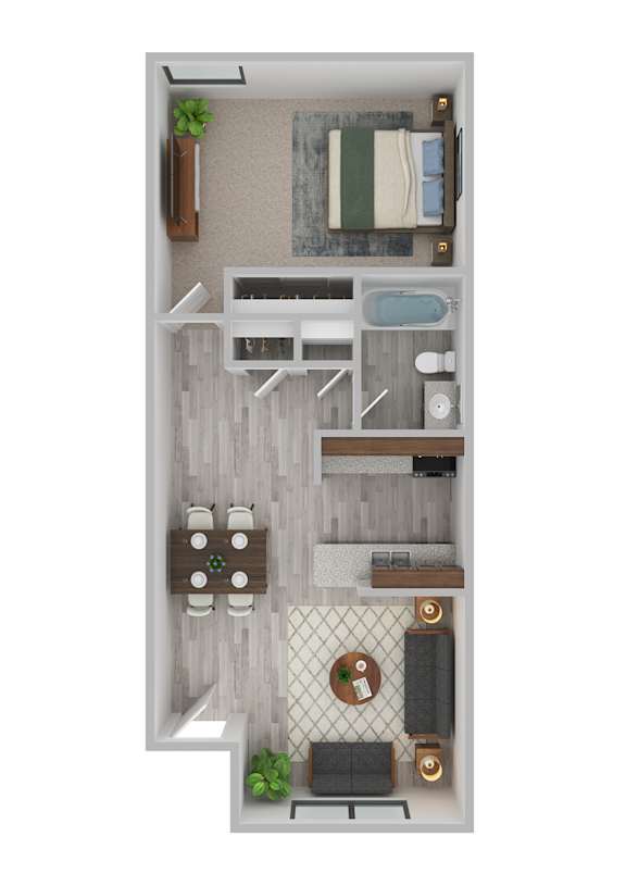 A top-down view of a small apartment with a kitchen, living room, and bathroom.