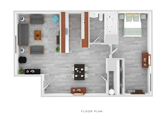 A floor plan of a house with a living room, dining room, kitchen, and bathroom.