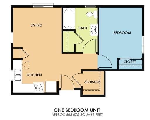 A floor plan of a one bedroom unit with a living room, kitchen, bathroom, bedroom, and closet.