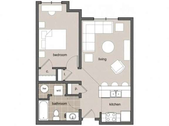 A floor plan of a house with a living room, kitchen, bedroom, and bathroom.