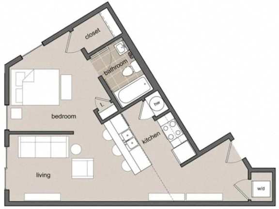 A floor plan of a house with a living room, bedroom, bathroom, kitchen, closet, and workspace.