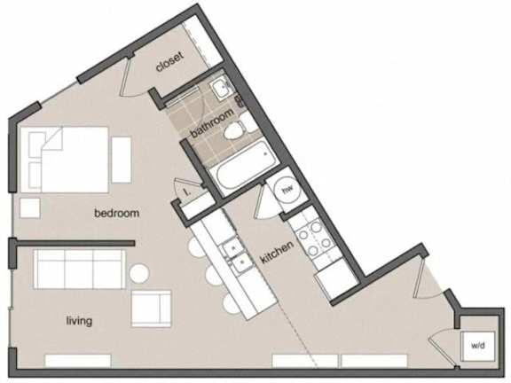 A floor plan of a house with a living room, bedroom, bathroom, kitchen, closet, and workspace.