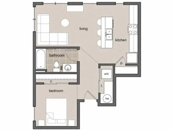 A floor plan of a small apartment with a living room, kitchen, bathroom, and bedroom.