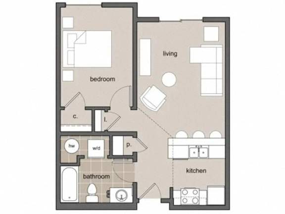A floor plan of a house with a bedroom, bathroom, kitchen, and living room.