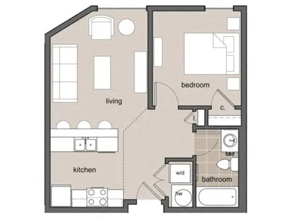 A floor plan of a small apartment with a living room, kitchen, bathroom and bedroom.