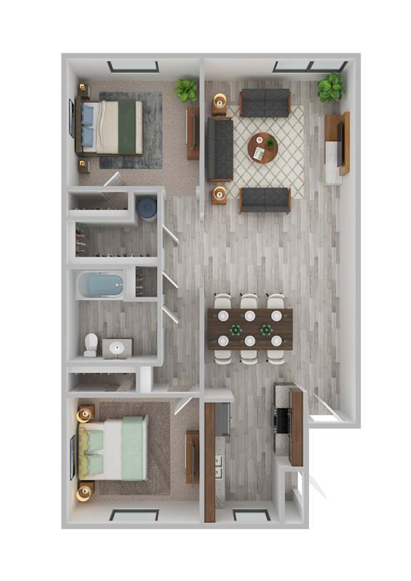 A top down view of a small apartment with a kitchen, living room, and two bedrooms.