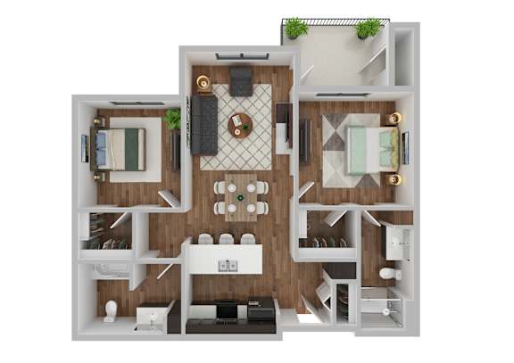 A 3D rendered image of a modern apartment layout.