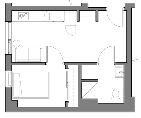 A floor plan of a house with a kitchen, living room, and bathroom.