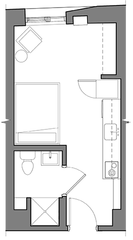 A floor plan of a room with a kitchen area and a bathroom.