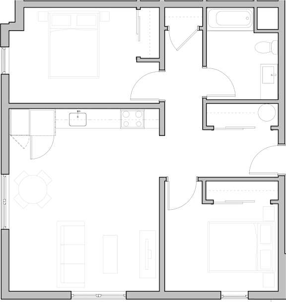 A floor plan of a house with a kitchen, living room, and two bedrooms.