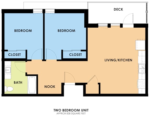 A floor plan of a two bedroom unit with a bath and a nook.
