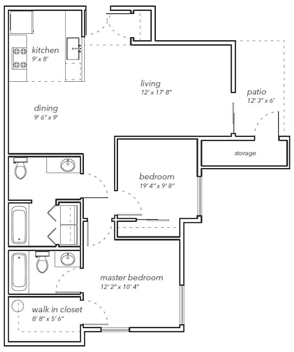 A floor plan of a house with a kitchen, dining area, living room, two bedrooms, a bathroom, and a storage space.