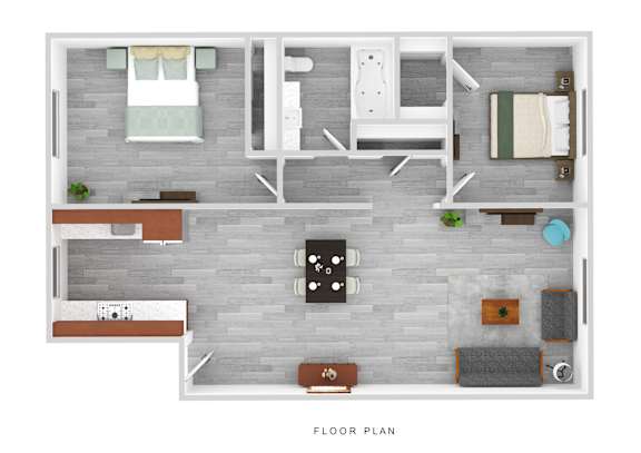 A floor plan of a house with a kitchen, living room, and two bedrooms.