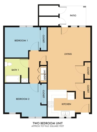 A two bedroom apartment with a living area, kitchen, and bathroom.