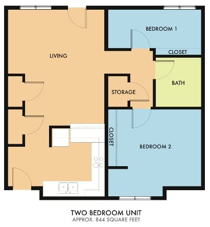 A floor plan of a two bedroom unit with living room, storage, closet, bath, and bedrooms labeled.