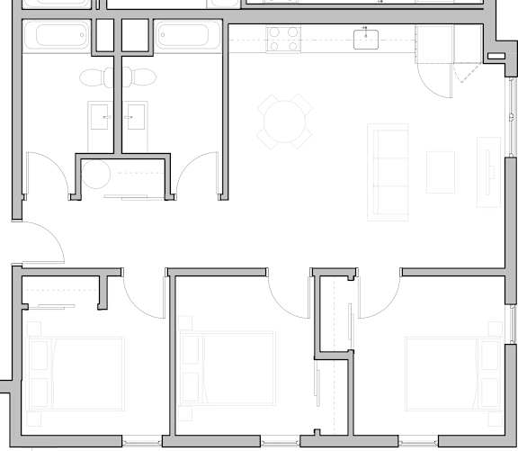 A floor plan of a house with two bedrooms, a living room, and a kitchen.